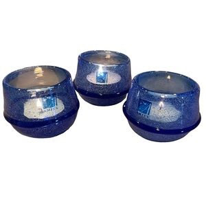 3 PC Votive Candle Holders, Amici Hand Blown Blue Art Glass Tea Light holder